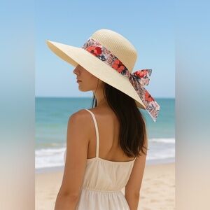 Straw Sun Hat Wide Brim Floral Bow 100% Grass Small Beachy Summer Chic Vacation